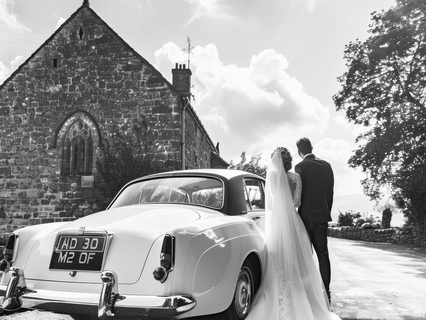 Newlyweds outside a chateau